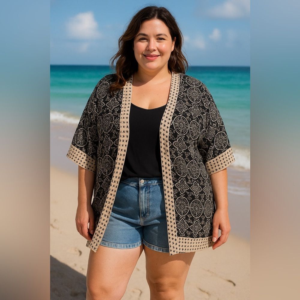 Coldwater Creek Petite Large Black White Kimono Jacket Boho Batik Print Open PL
